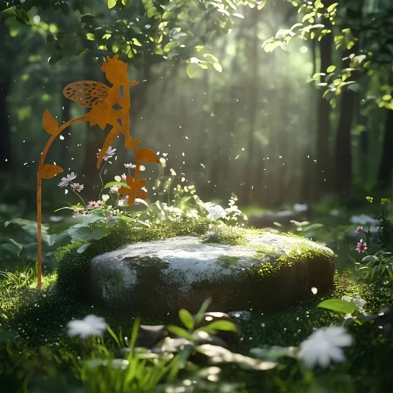 Clavo de Jardín de Metal Hada de Flores en Acabado de Óxido