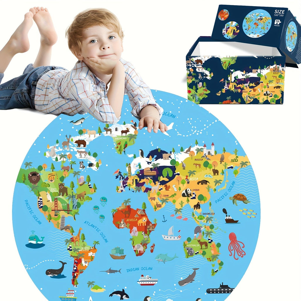 Rompecabezas de Piso de Animales de 70 Piezas – Diseño de Mapa Mundial Redondo para Niños