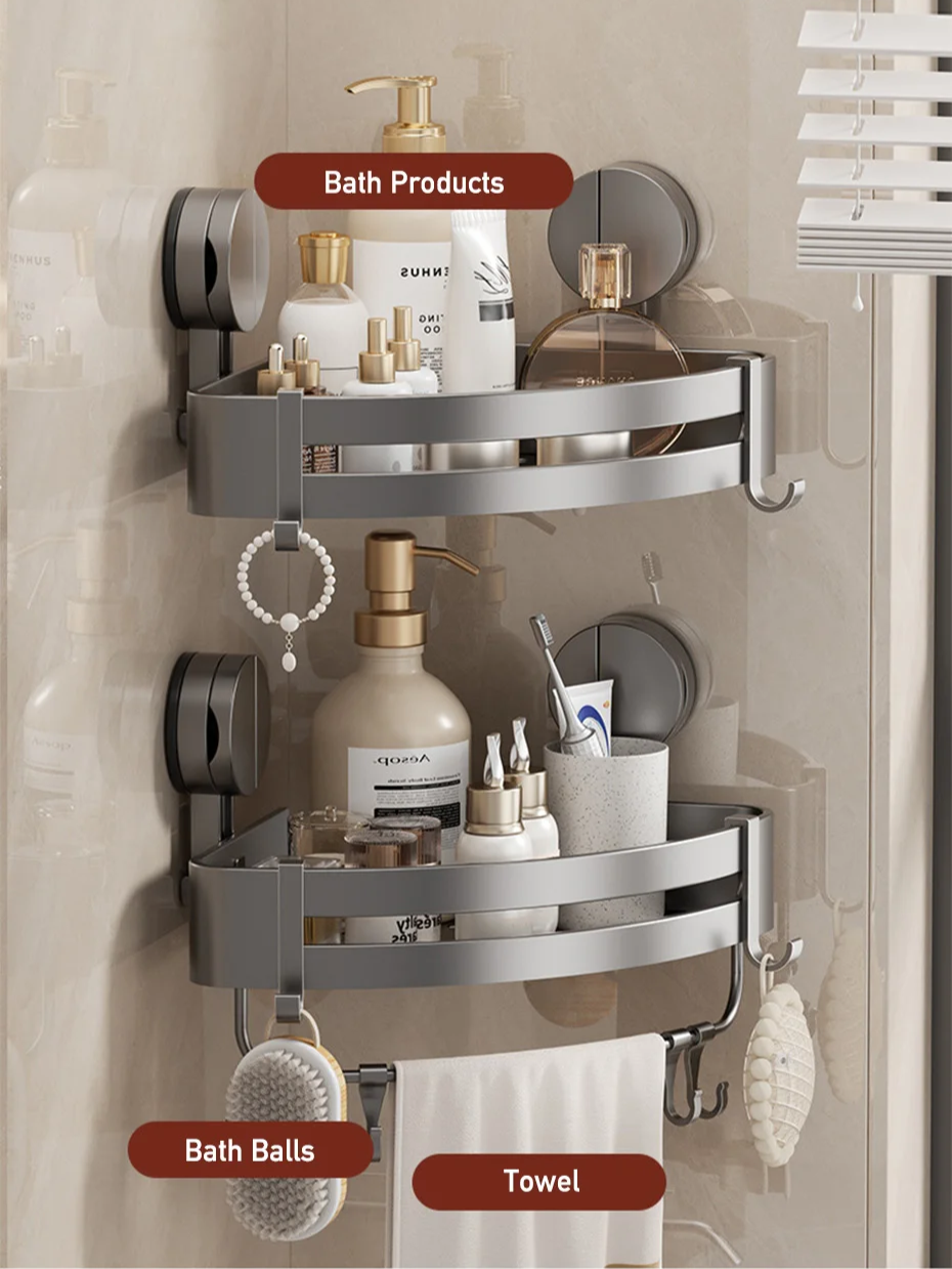 AquaGrip Estante de Ducha con Ventosas sin Perforación – Estante de Baño de Aluminio, Montaje en Esquina o Pared