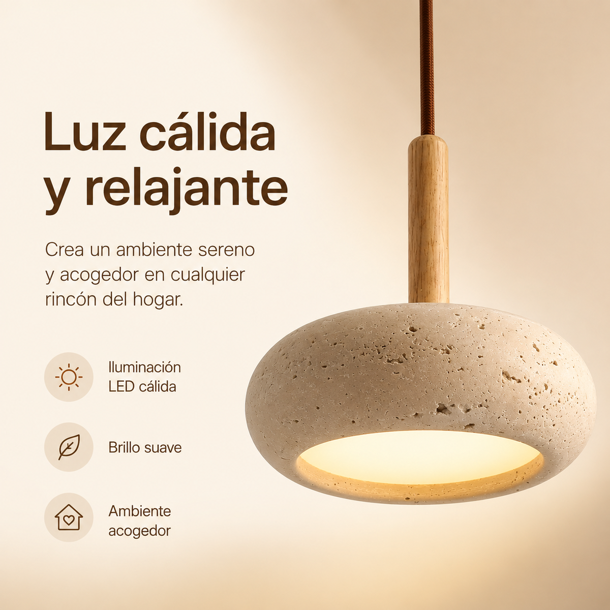 Lámpara Retro Japonesa LED | TranquilHalo | Altura de Suspensión Ajustable | Piedra de Cueva Amarilla & Madera | Ø 15cm Colgante | Max 2m Cable | Montaje Sencillo | Diseño Relajante