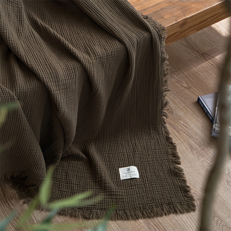OLIVEBREEZE – Manta de gasa de algodón ligera de 4 capas con flecos elegantes