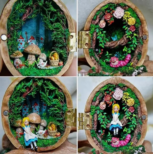 Lisslune | Casa de Muñecas Hecha a Mano de Cáscara de Nuez--Mini Biblioteca, Mundo Pequeño Dentro de Nueces