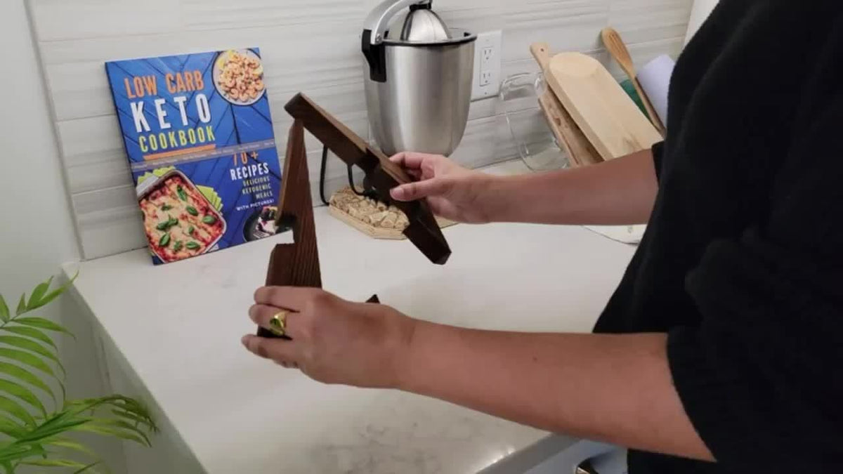 Skanto | Soporte de cocina rústico de madera, soporte de libro de recetas ajustable