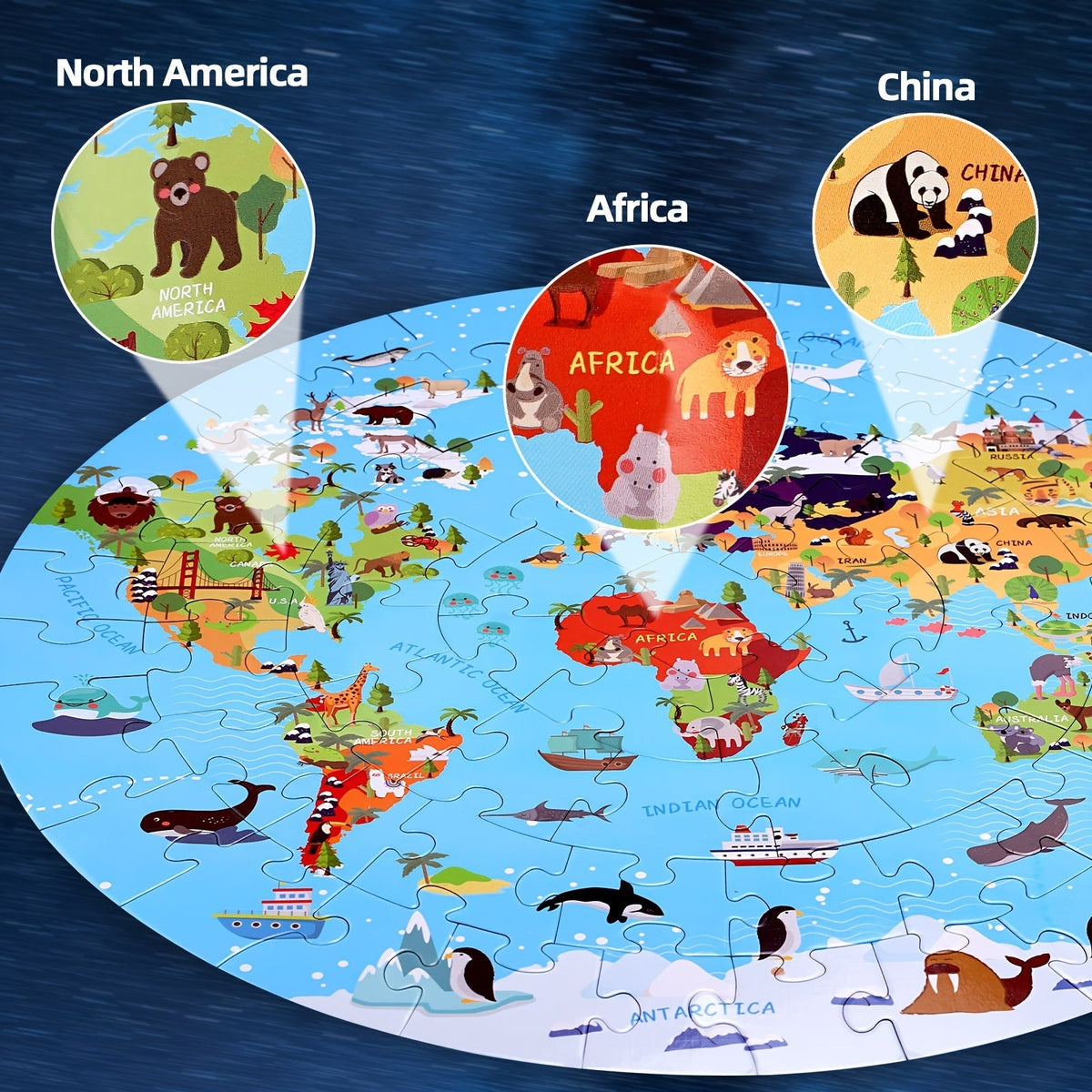 Rompecabezas de Piso de Animales de 70 Piezas – Diseño de Mapa Mundial Redondo para Niños