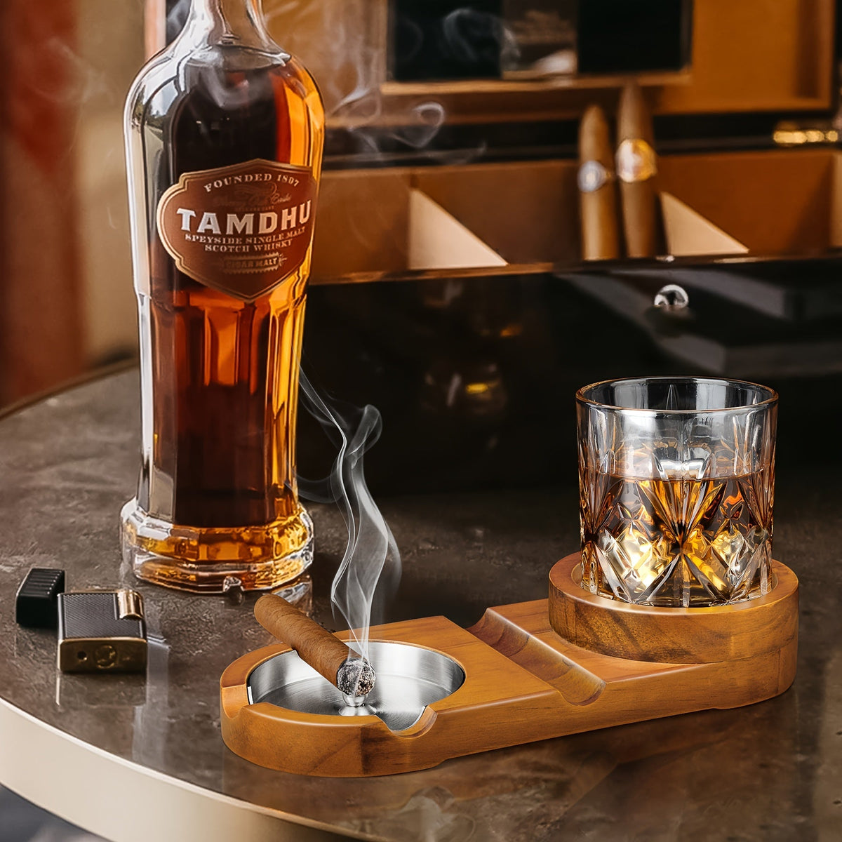 Cenicero Creativo para Puros y Bandeja para Vaso de Whiskey - El Regalo Perfecto para el Día del Padre o Regalo Corporativo