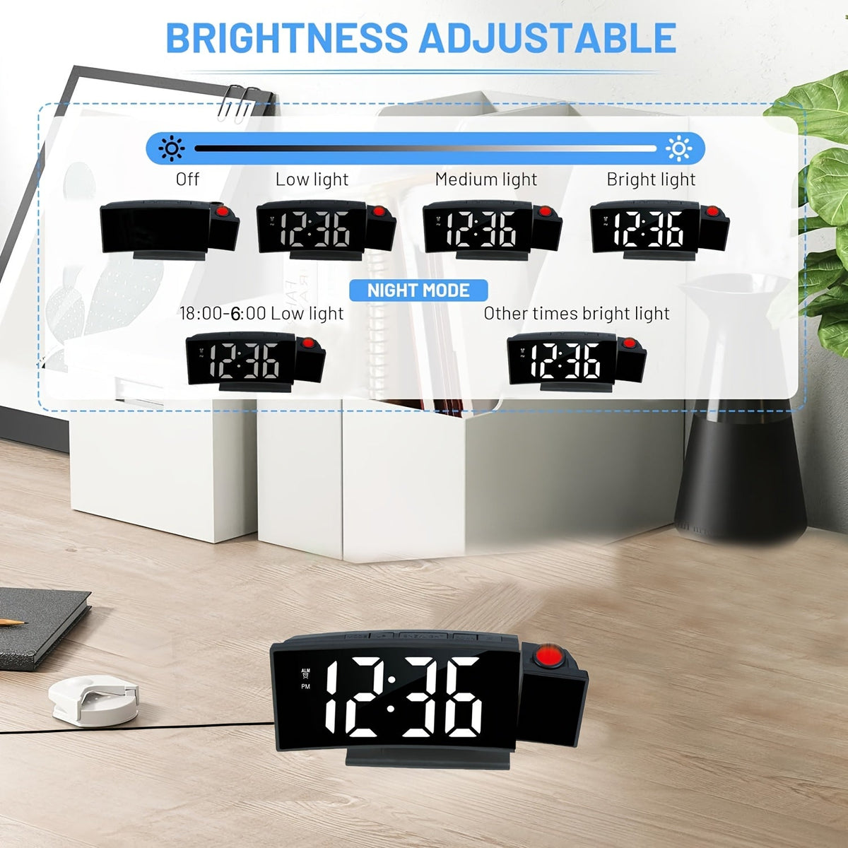 Despertador Digital Proyector – Pantalla LED y Función de Snooze con Brillo Ajustable