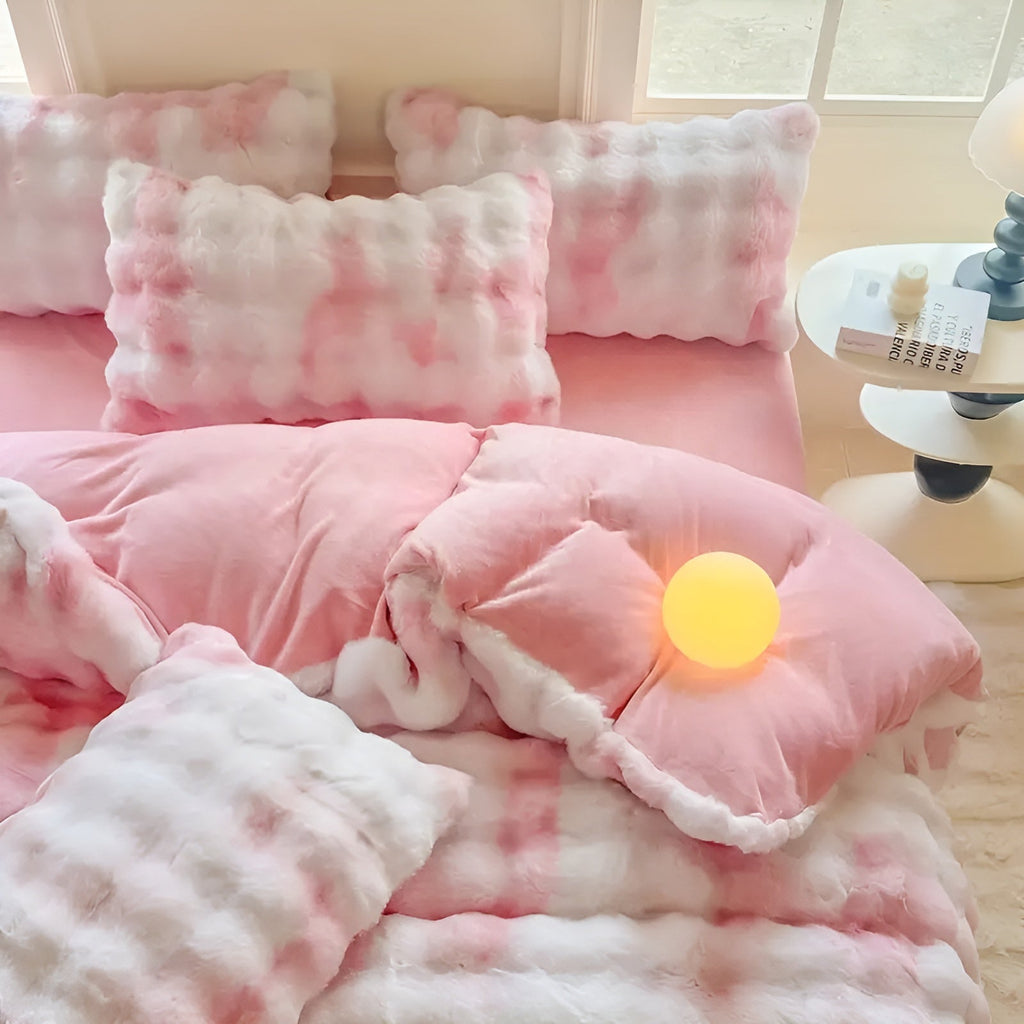 Conjunto de ropa de cama de terciopelo muy acogedor: cálido y suave para el otoño y el invierno | Diseño reversible en piel de conejo y terciopelo color leche