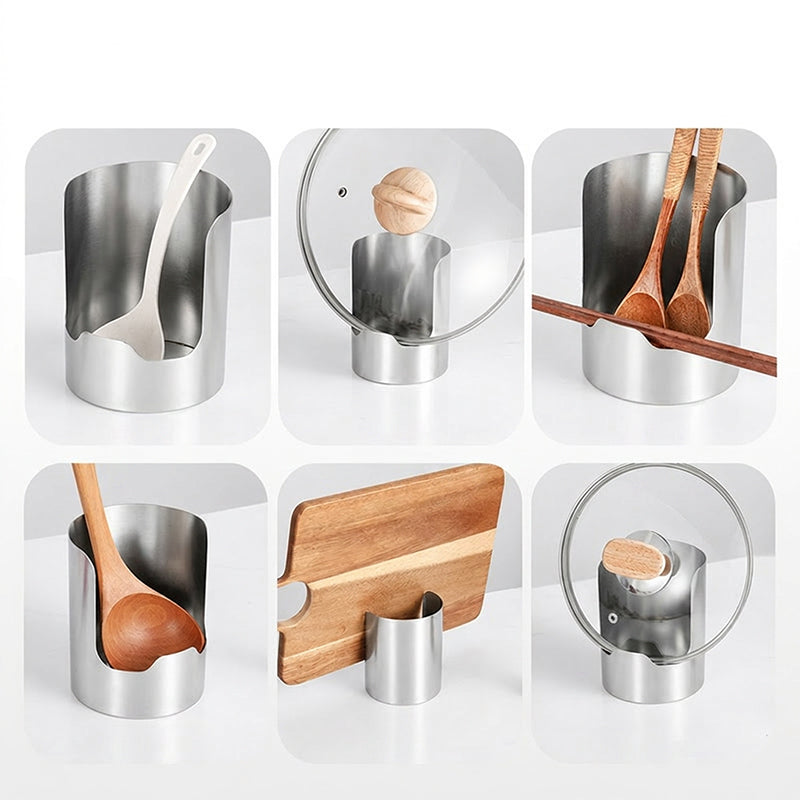 Soporte para utensilios de cocina plateado – Despeja rápidamente, cocina con alegría