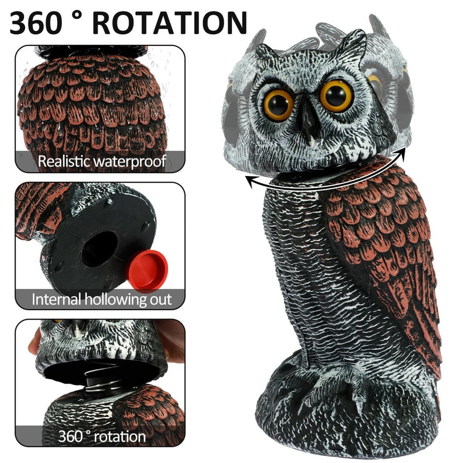 Réplica de Búho Realista de 2 Paquetes con Cabeza Rotativa – Repelente de Aves y Plagas para Exteriores