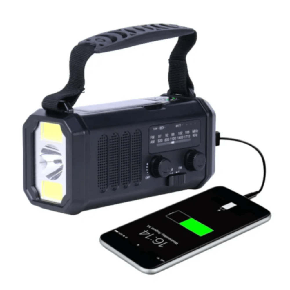 Radio de Emergencia de 10,000mAh – Solar, Manivela y Banco de Energía en Uno
