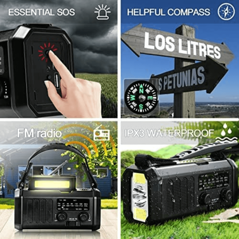Radio de Emergencia de 10,000mAh – Solar, Manivela y Banco de Energía en Uno