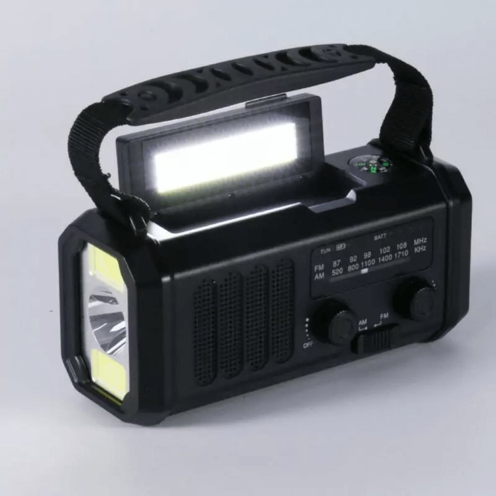 Radio de Emergencia de 10,000mAh – Solar, Manivela y Banco de Energía en Uno