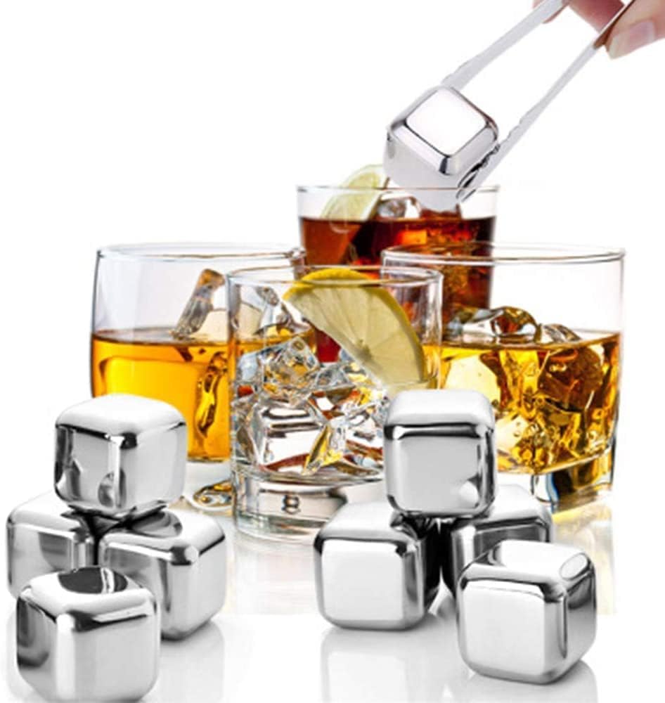 Cubos de Hielo de Acero Inoxidable, Juego de Cubos de Hielo Reutilizables con Pinzas de Cabeza de Silicona y Bandejas para Cubos de Hielo - Paquete de (8)