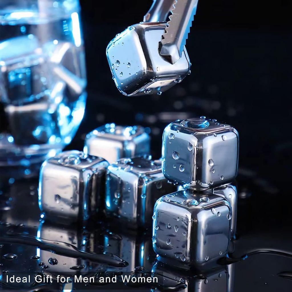 Cubos de Hielo de Acero Inoxidable, Juego de Cubos de Hielo Reutilizables con Pinzas de Cabeza de Silicona y Bandejas para Cubos de Hielo - Paquete de (8)