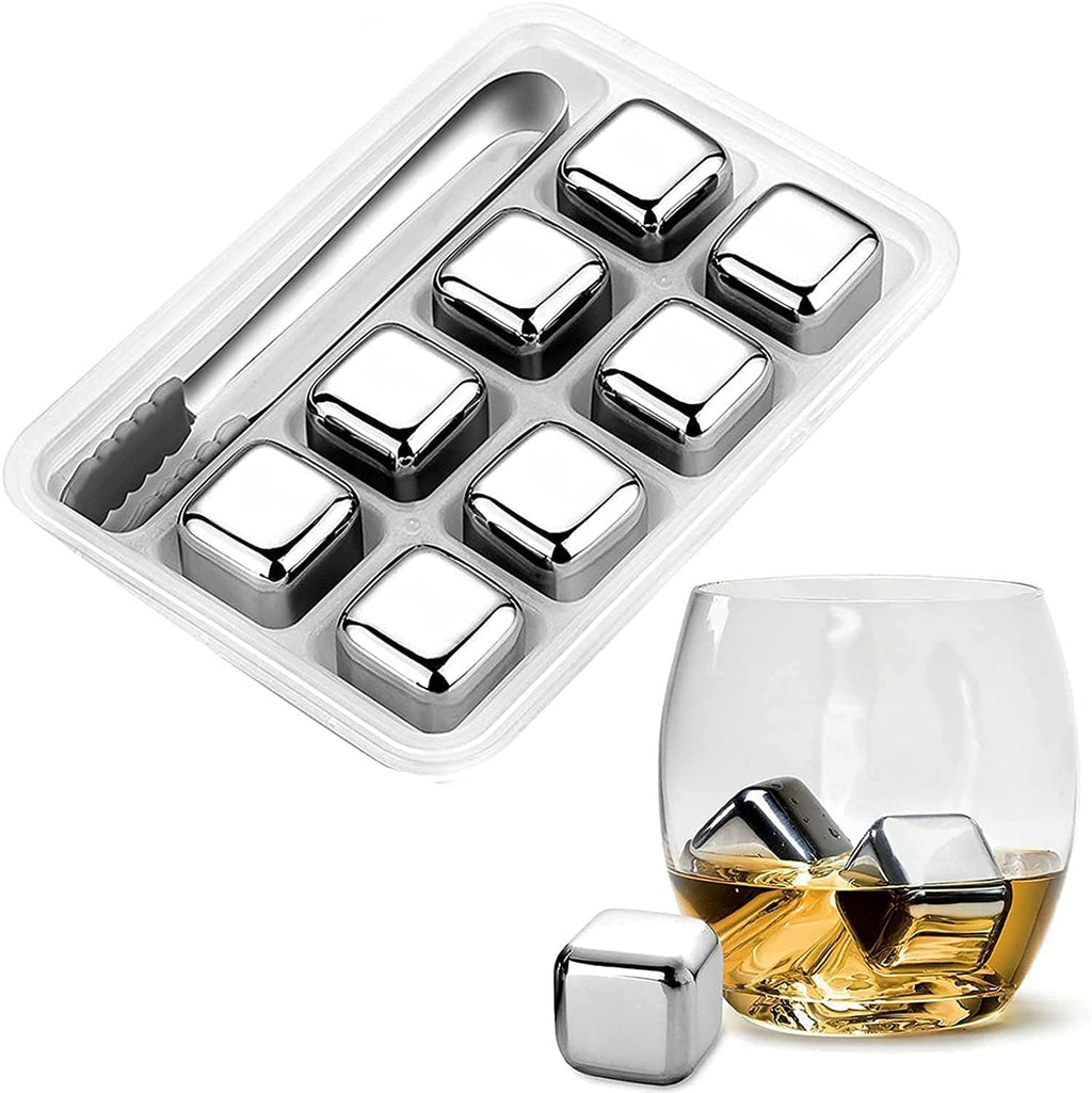 Cubos de Hielo de Acero Inoxidable, Juego de Cubos de Hielo Reutilizables con Pinzas de Cabeza de Silicona y Bandejas para Cubos de Hielo - Paquete de (8)