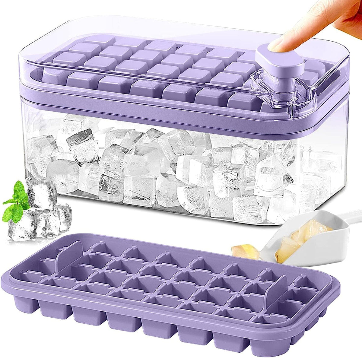 Juego de bandejas para cubitos de hielo de 101 oz - Bandeja de silicona para cubitos de hielo de 64 piezas con tapa y contenedor
