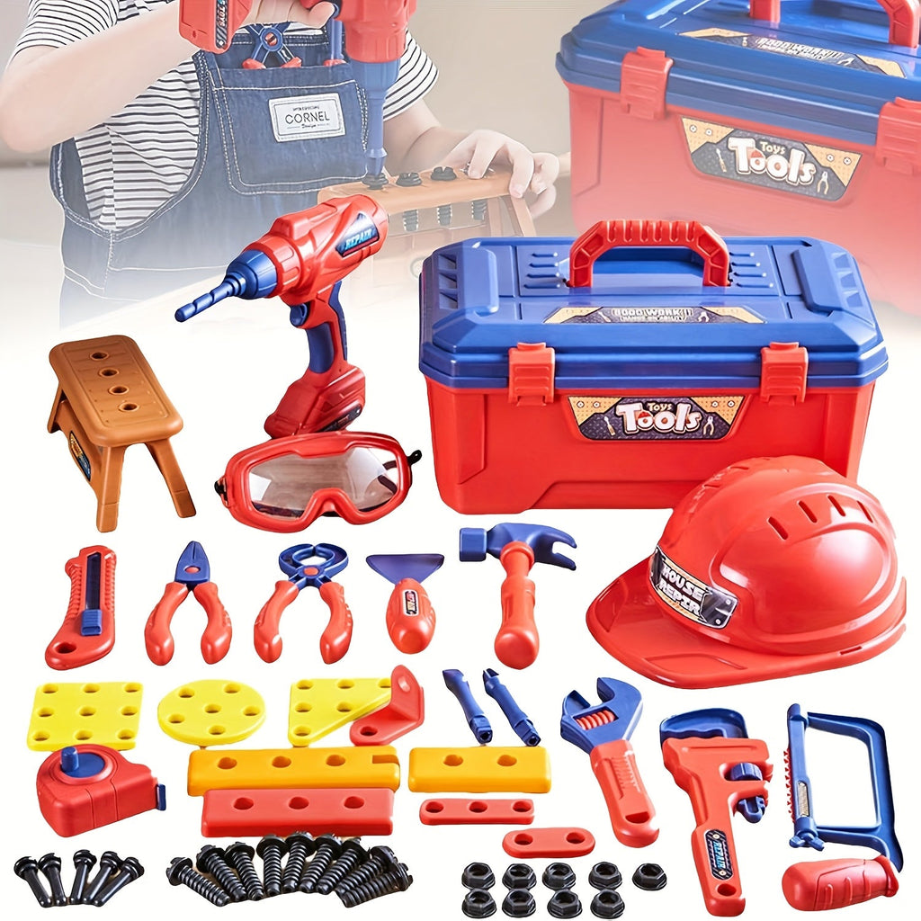 Juego de Herramientas de 48 Piezas para Niños – Con Taladro Eléctrico, Casco de Seguridad y Bolsa de Almacenamiento