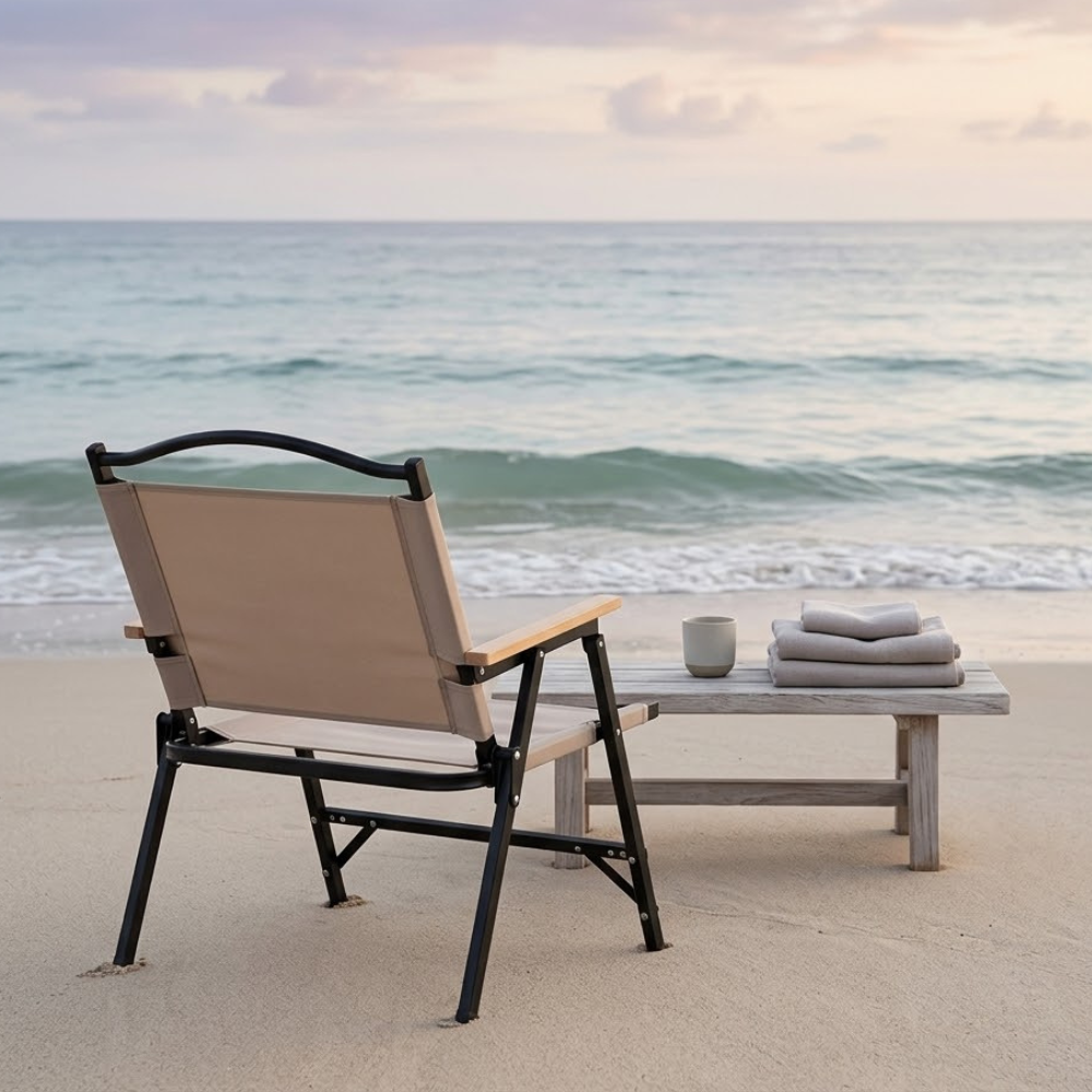 Silla de Camping Plegable Minimalista en Caqui con Apoyabrazos