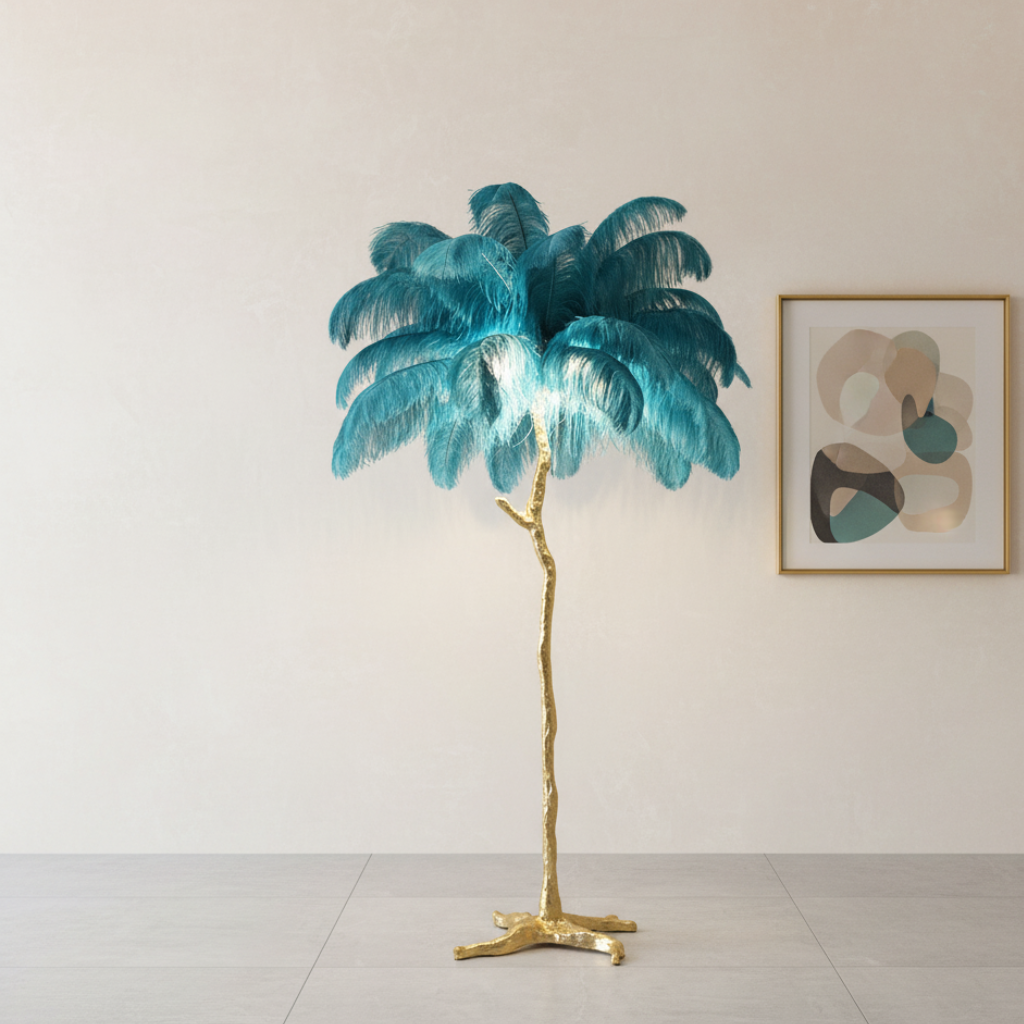 Lámpara de Pie con Pantalla de Plumas Elegante - Lámpara de Trípode Moderna para Sala de Estar