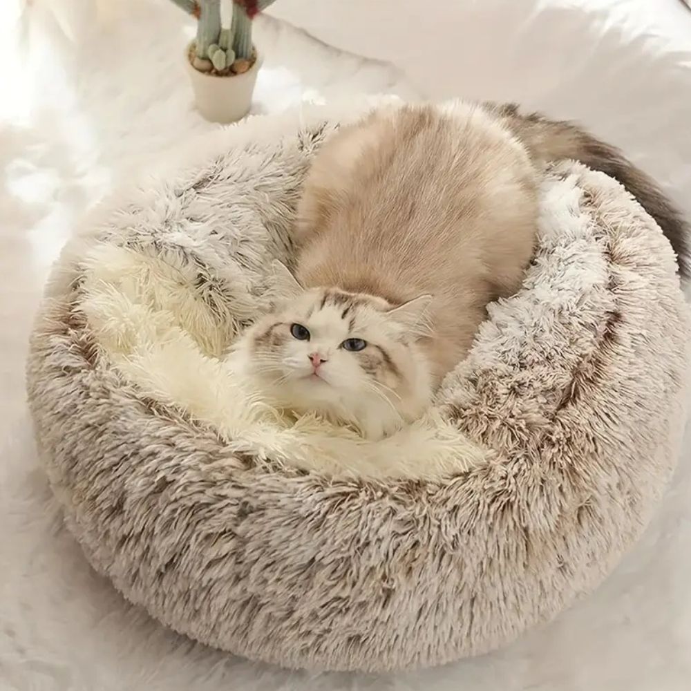 Cama para Mascotas Redonda con Capucha de Piel Sintética