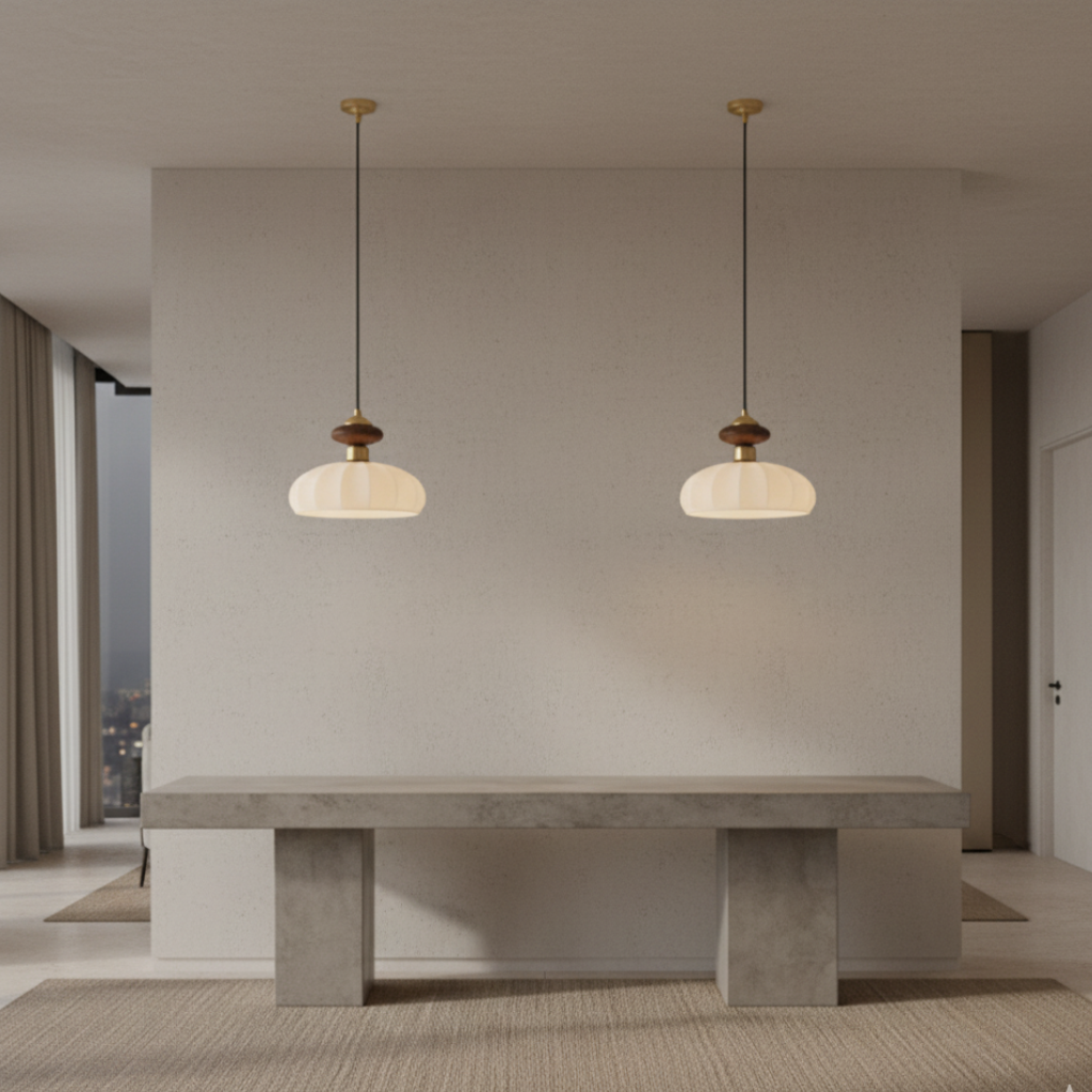 Lámpara Colgante Ceres - Elegante Pantalla de Vidrio Orgánico y Acento de Madera para Iluminación de Isla de Cocina