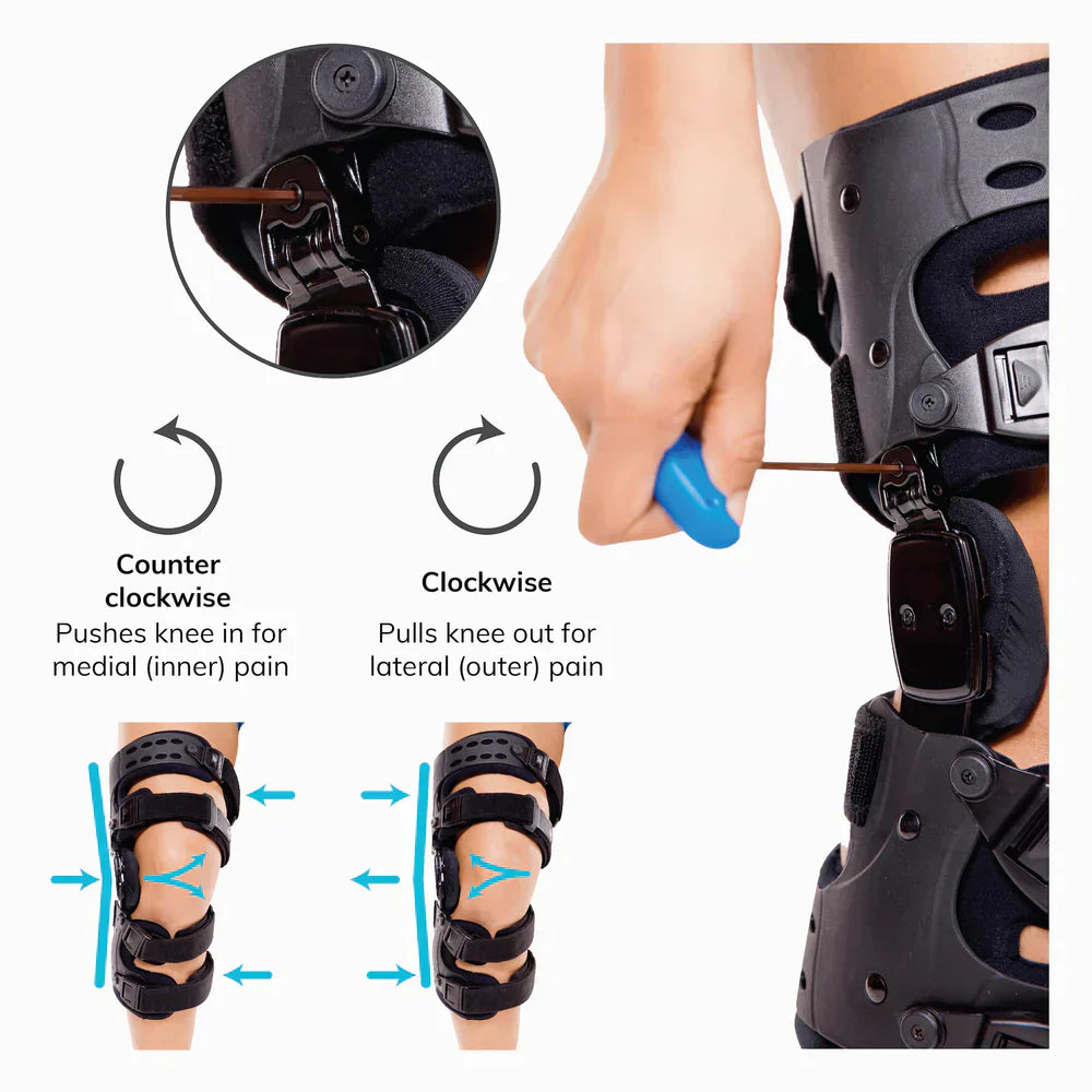 Rodillera médica de descarga OA | Ortesis de artrosis unicompartimental | Corrección de varo/valgo y control de ROM | Descarga medial y lateral | Ángulo de movimiento ajustable