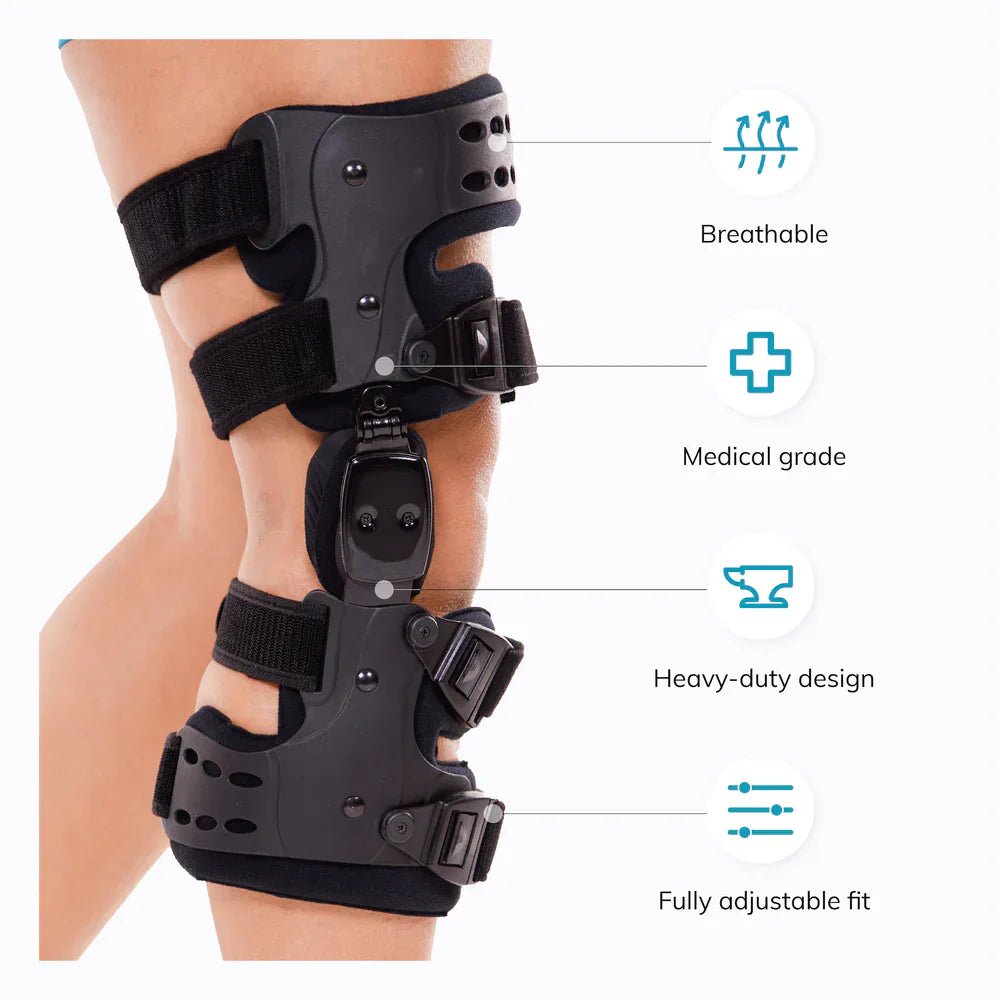 Rodillera médica de descarga OA | Ortesis de artrosis unicompartimental | Corrección de varo/valgo y control de ROM | Descarga medial y lateral | Ángulo de movimiento ajustable