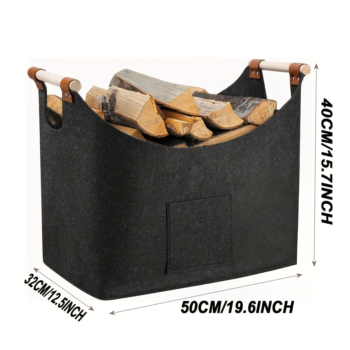Cesta para leña FELDURA | Plegable | Volumen de 55L | Con asas de madera y detalles de cuero | Gris oscuro