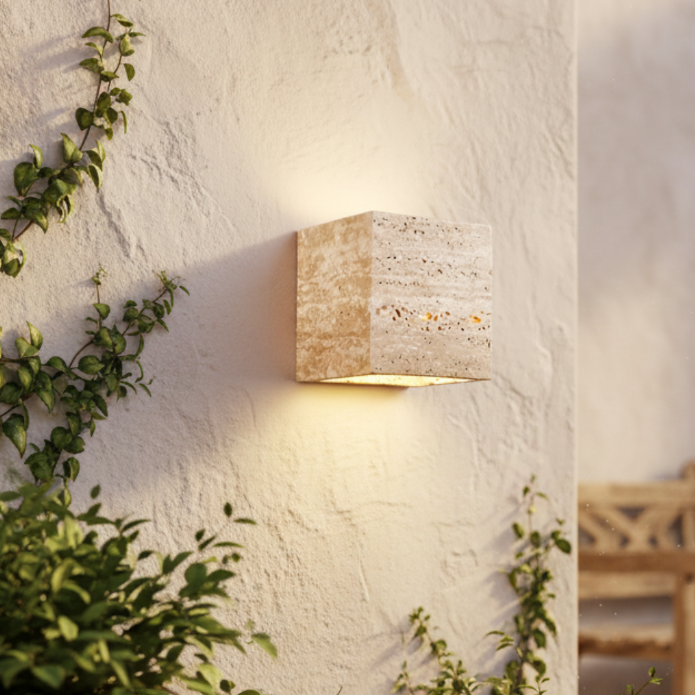 Lámpara de Pared Exterior Elegante Wabi Sabi | Lámpara de Pared de Piedra Travertina Impermeable para Jardín o Patio