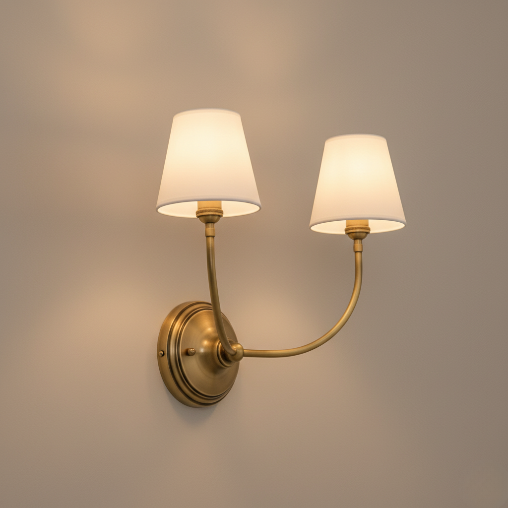 Aplique de Pared Doble Cadence con Brazos de Latón y Pantallas de Tela