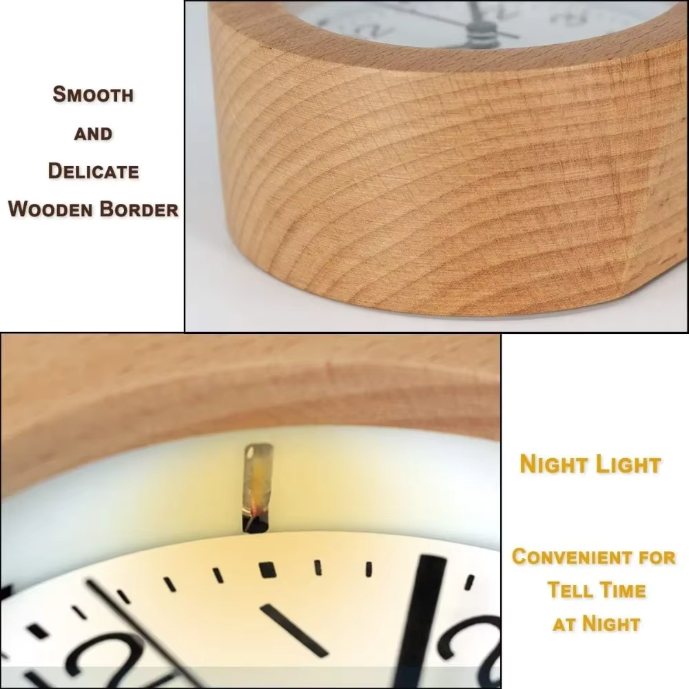 Reloj de Alarma Analógico de Madera Elegante con Movimiento de Cuarzo Silencioso