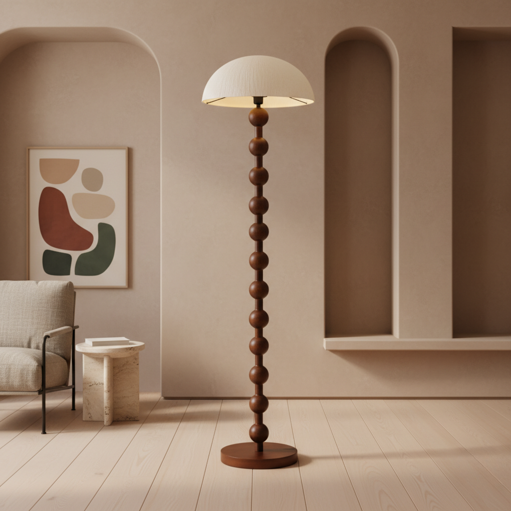 Lámpara de Pie de Perlas de Madera Elegante - Diseño Moderno con Pantalla de Papel de Arroz para Sala de Estar
