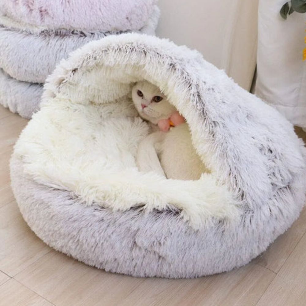 Cama para Mascotas Redonda con Capucha de Piel Sintética