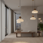 Lámpara Colgante Ceres - Elegante Pantalla de Vidrio Orgánico y Acento de Madera para Iluminación de Isla de Cocina