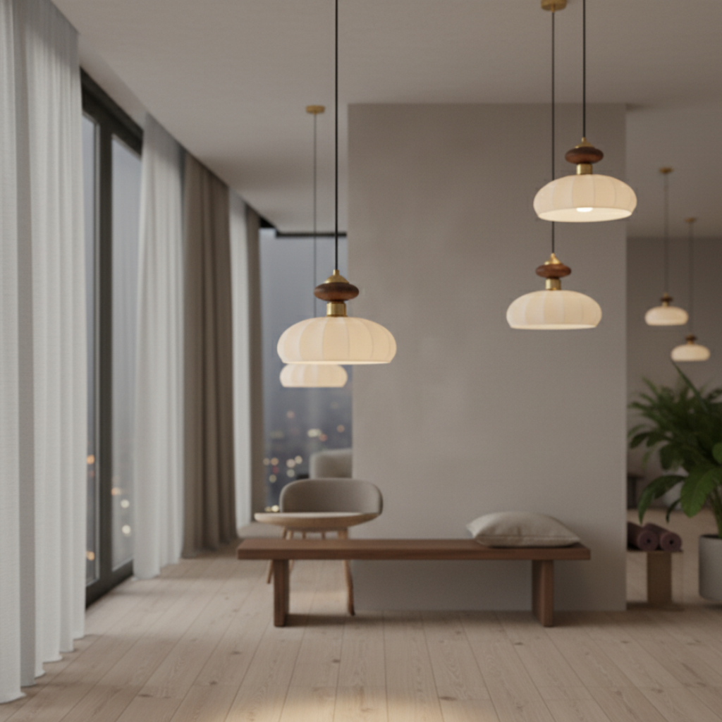 Lámpara Colgante Ceres - Elegante Pantalla de Vidrio Orgánico y Acento de Madera para Iluminación de Isla de Cocina