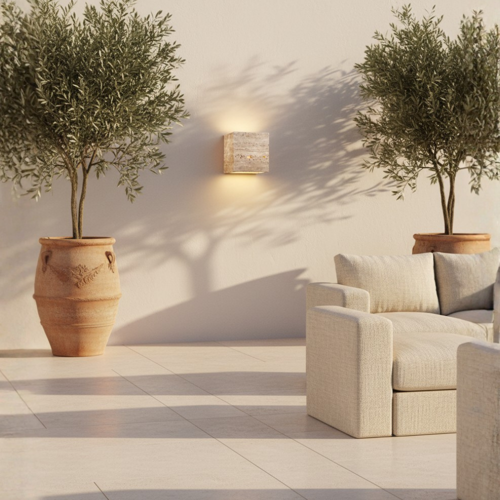 Lámpara de Pared Exterior Elegante Wabi Sabi | Lámpara de Pared de Piedra Travertina Impermeable para Jardín o Patio