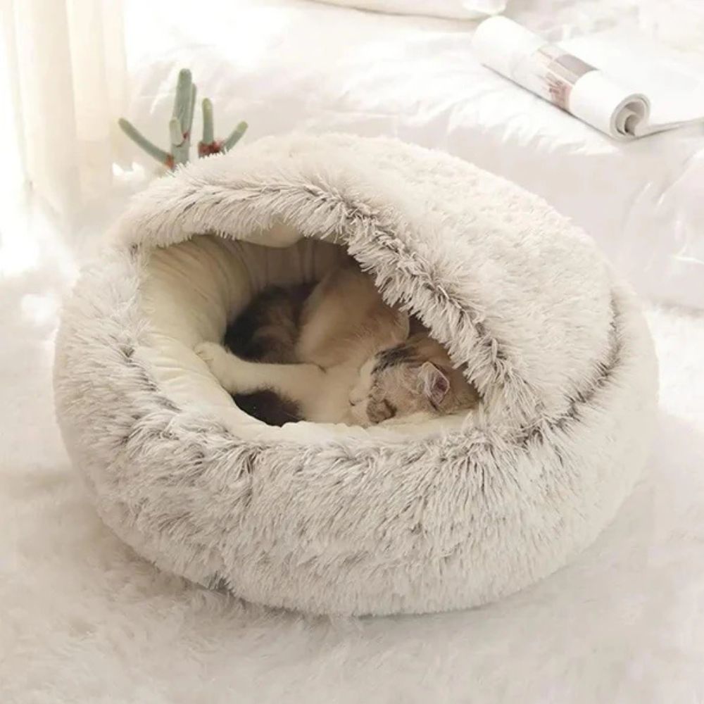 Cama para Mascotas Redonda con Capucha de Piel Sintética