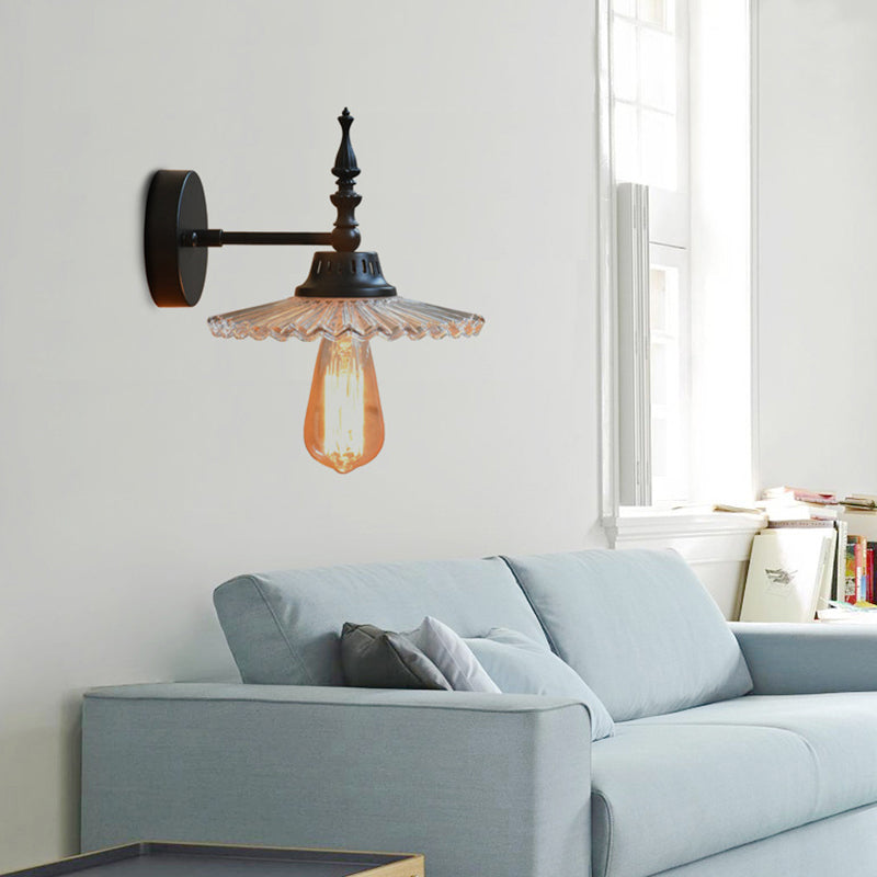 Lisslune | Luz de pared negra de vidrio claro/verde, lámpara de pared industrial de cono/flare ancho de 1 luz para sala de estar