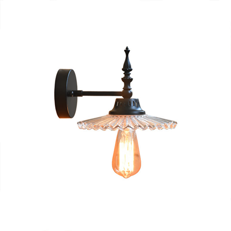 Lisslune | Luz de pared negra de vidrio claro/verde, lámpara de pared industrial de cono/flare ancho de 1 luz para sala de estar
