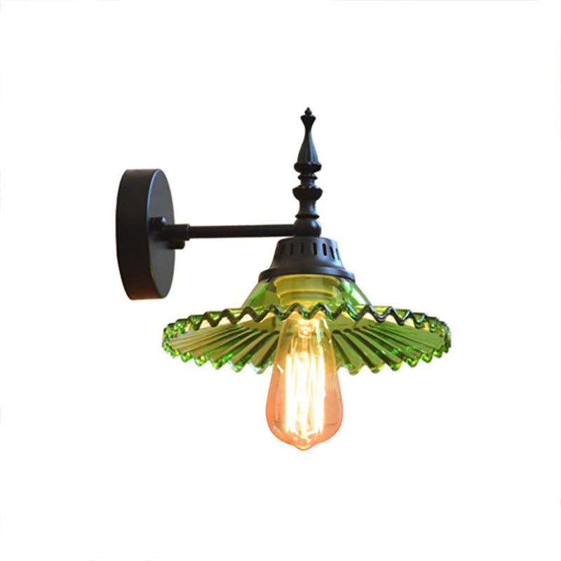 Lisslune | Luz de pared negra de vidrio claro/verde, lámpara de pared industrial de cono/flare ancho de 1 luz para sala de estar