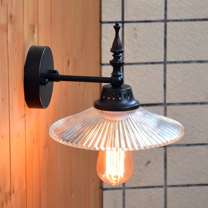 Lisslune | Luz de pared negra de vidrio claro/verde, lámpara de pared industrial de cono/flare ancho de 1 luz para sala de estar