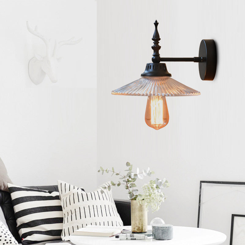 Lisslune | Luz de pared negra de vidrio claro/verde, lámpara de pared industrial de cono/flare ancho de 1 luz para sala de estar