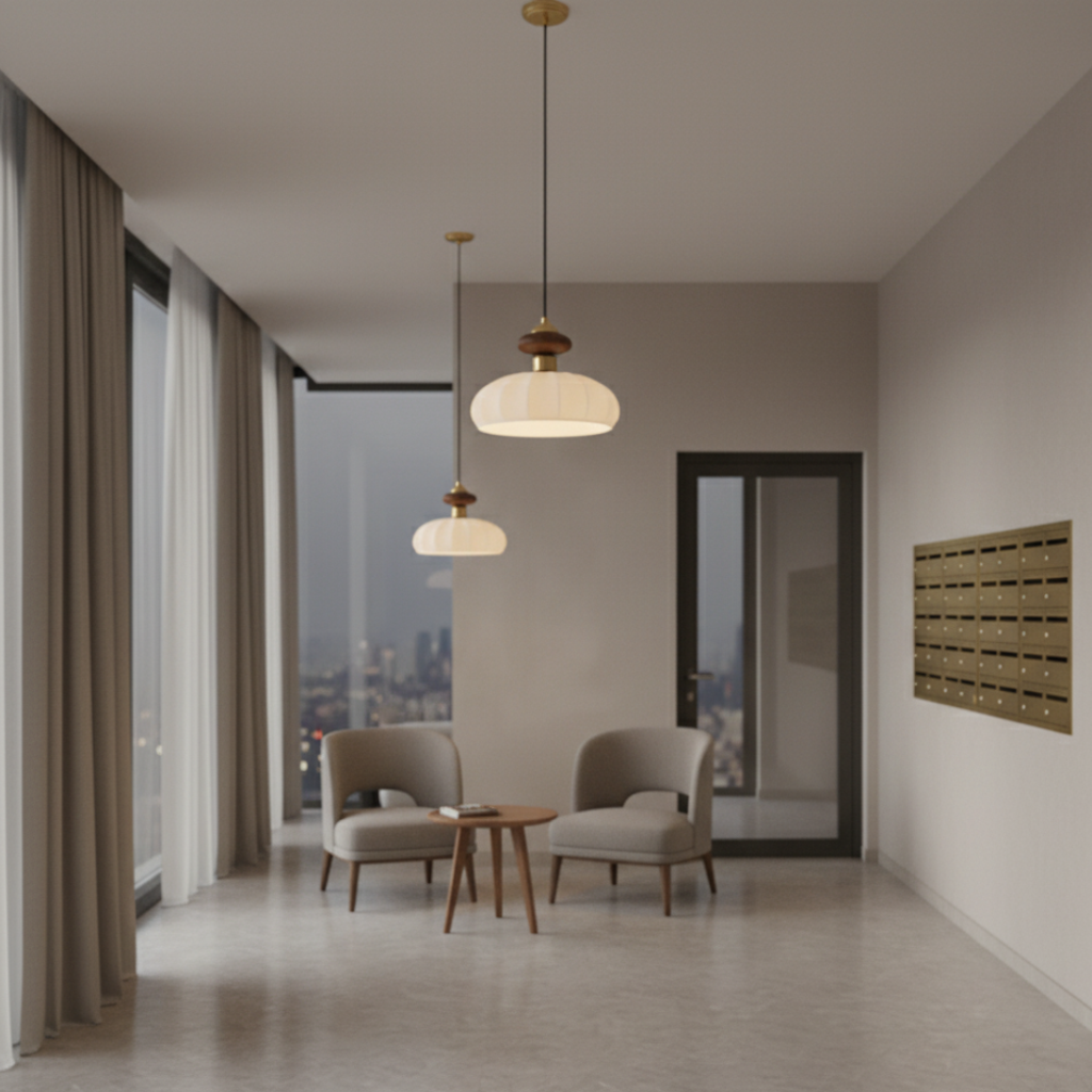 Lámpara Colgante Ceres - Elegante Pantalla de Vidrio Orgánico y Acento de Madera para Iluminación de Isla de Cocina