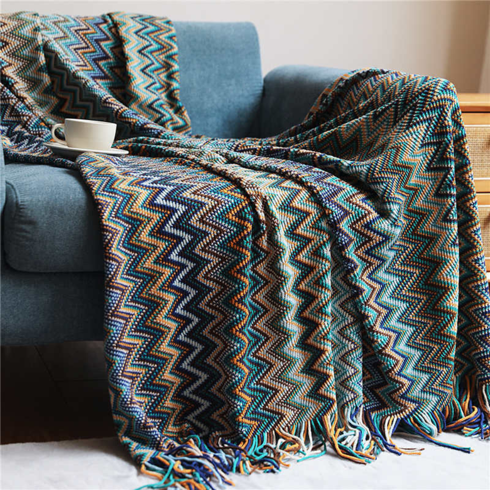 Manta de Tejido con Flecos en Zigzag Multicolor