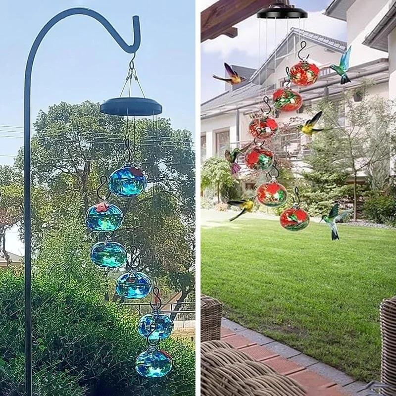 Alimentador de colibríes de vidrio soplado a mano ChimeFeeder con campanilla de viento