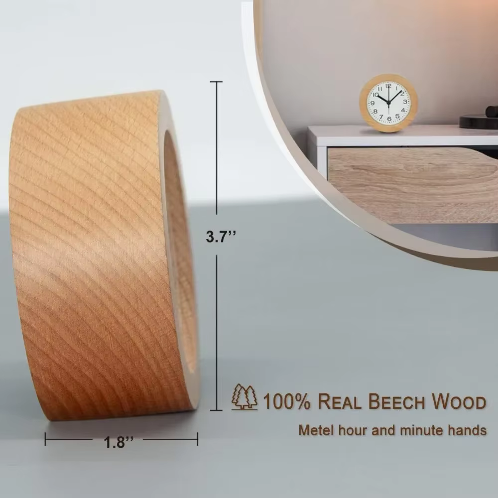 Reloj de Alarma Analógico de Madera Elegante con Movimiento de Cuarzo Silencioso