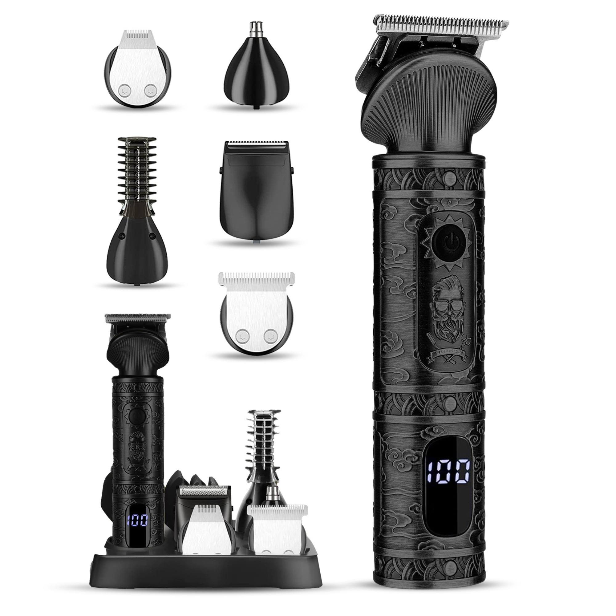 Cortadora de barba eléctrica para hombres – Afeitadora 6 en 1 con estación de almacenamiento