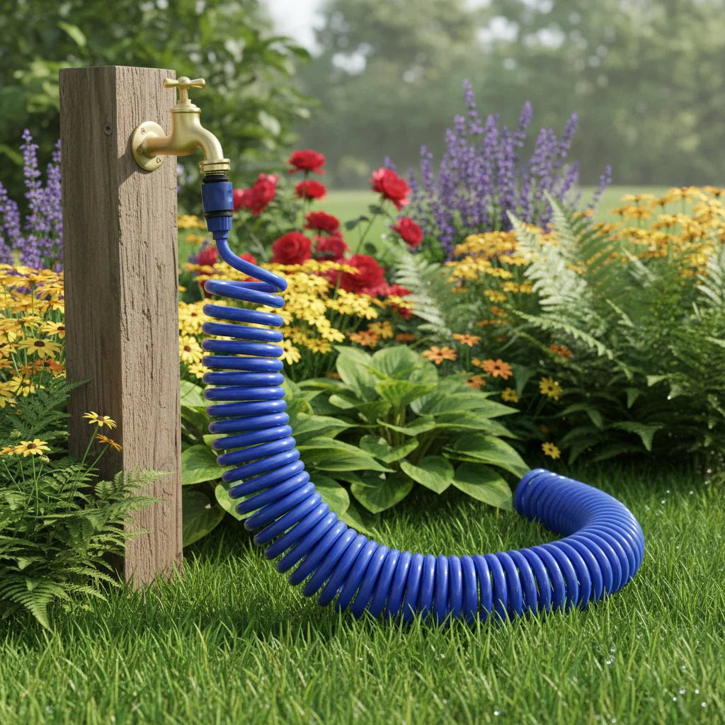 Manguera en espiral compacta con conexiones rápidas para riego de plantas
