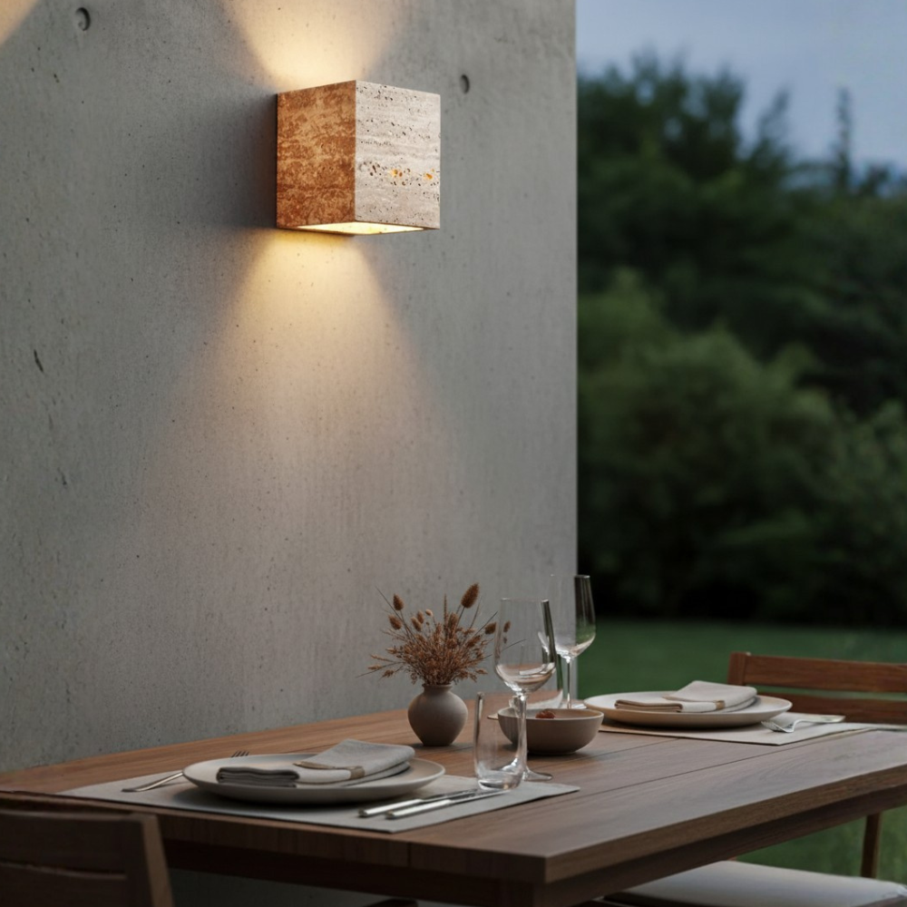 Lámpara de Pared Exterior Elegante Wabi Sabi | Lámpara de Pared de Piedra Travertina Impermeable para Jardín o Patio