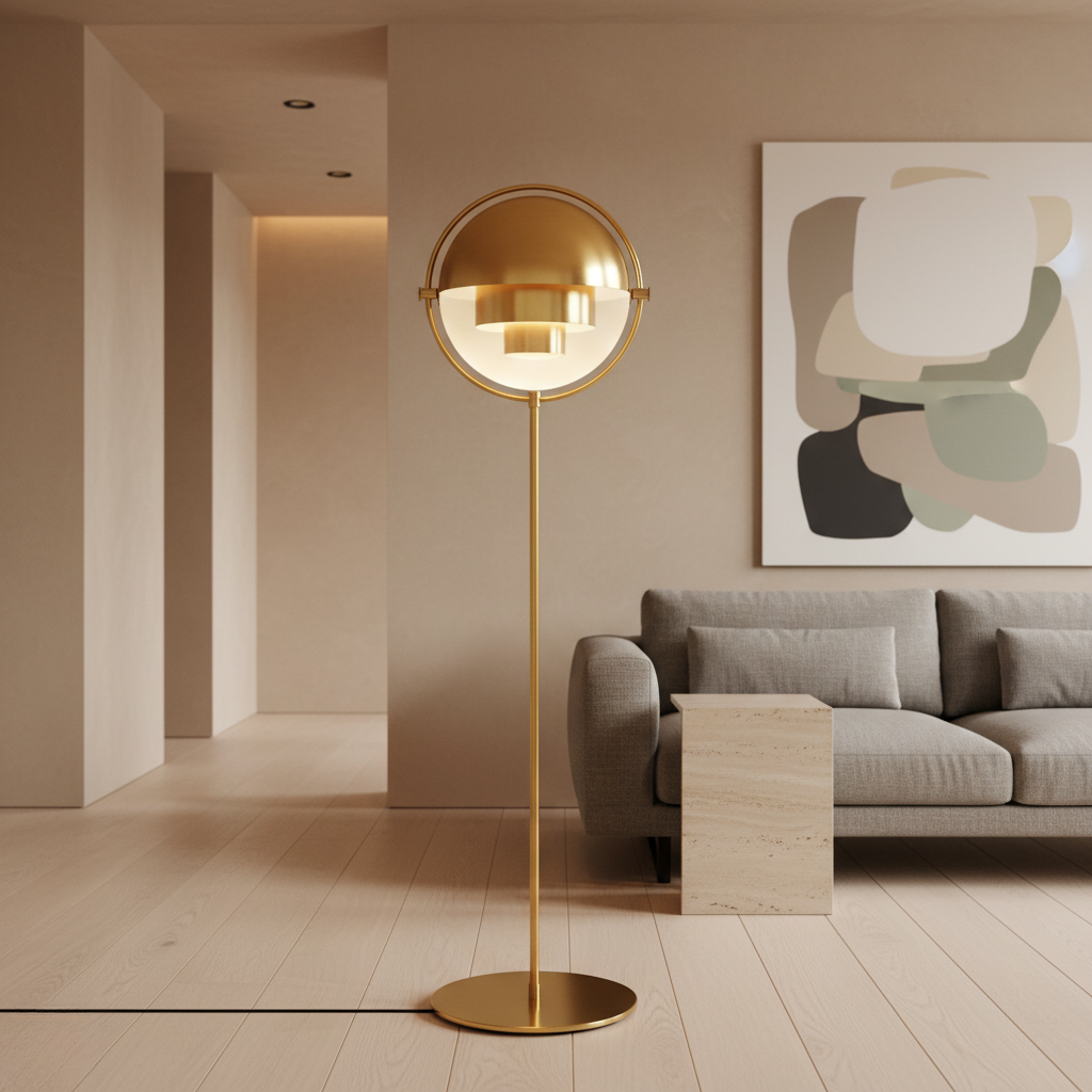 Lámpara de Pie Moderna de Oro – Lámpara Escultural Metálica para Interiores Contemporáneos